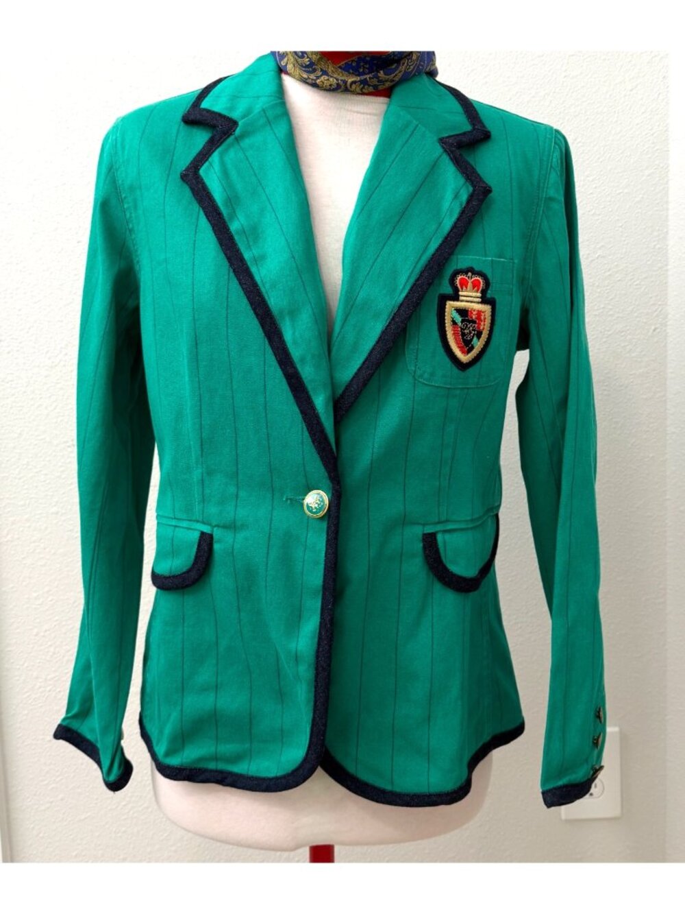 Diane Gilman DG2 Blazer Green Navy Stripe Logo Crest Patch Preppy Old Money Sz S